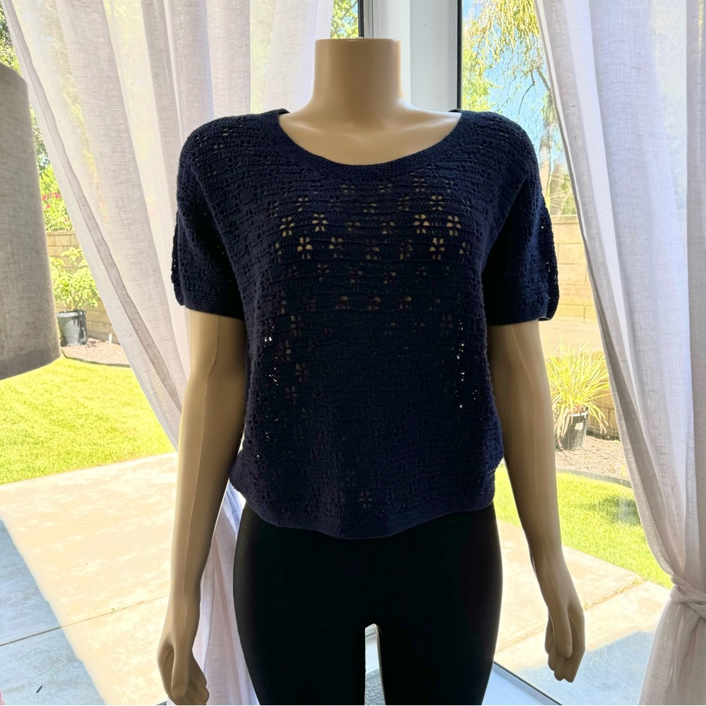 Vintage ROO CROSSING Navy Blue Sweater Top Size L Large Short Sleeve